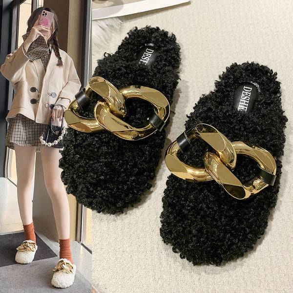 Fur Sandals Autumn Women Furry Wool Mule Slippers With Metal Chain